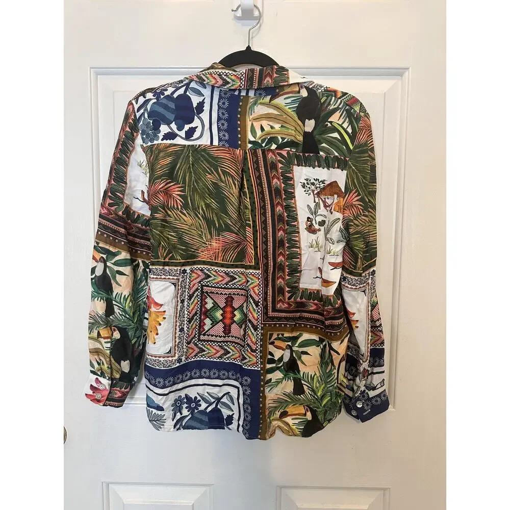 Farm Rio Shirt Womens XS Multicolor Tropical Patchwork Button Front Boho - Picture 5 of 7